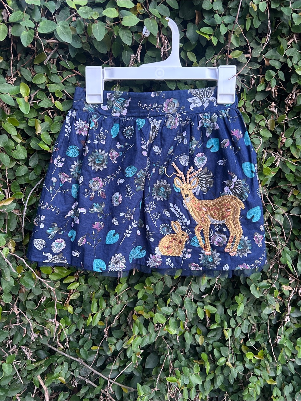 Girls Navy Floral Skirt with Embroidered Deer - Unbranded